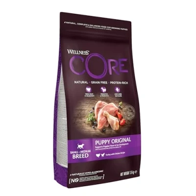 Image of Wellness CORE Puppy Original, Dry Food, Food for Small &amp; Medium Sized Puppies, Grain Free, High Meat Content, Turkey Chicken, 1.5 kg