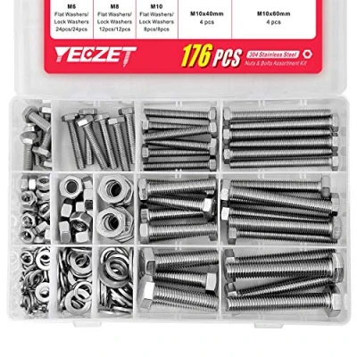Image of YEEZET 44 Pieces M6 M8 M10 304 Stainless Steel Hex Bolts, Washers, Spring Washers &amp; Nuts Assortment Kit