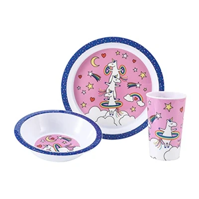 Image of Unicorn 3Pcs Coloured Dining Set Plate, Bowl and Tumbler Dinnerware for Children, BPA Free