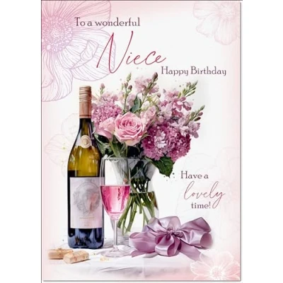 Image of doodlecards Niece Birthday Card Roses and Red Wine Medium Size with Plain Envelope