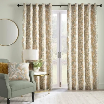 Image of Laurence Llewelyn Bowen Ochre/White Tropical Palm Tree Curtains W90 x L90 (229 229cm) Jacquard w/Floral Leaf/Fern Luxury Drapes for Living Room/Bedroom Paradise Collection