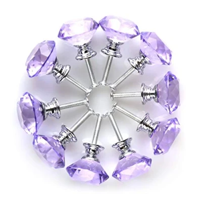 Image of MAIKEHOME Purple Crystal Knobs, 10 X 30MM Acrylic Glass Diamond Cut Cabinet Door Drawer Knob Kitchen Dresser Wardrobe Pull Handle with Screws for Home Decorating