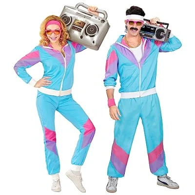 Image of WIDMANN 80s/90s Tracksuit Costume/Outfit, Blue, Pink and Purple, Jacket Trousers, Disco, Jogging Suit, Retro Style, Bad Taste Party, Carnival, Halloween Adult Extra Large