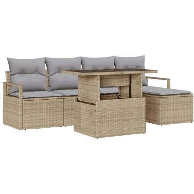 Image of vidaXL 6 Piece Garden Sofa Set with Cushions Beige Poly Rattan