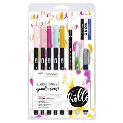 Image of Tombow Blended Lettering Set includes 5 ABT Brush Pens, 1 Mono Pencil, Eraser, Fudenosuke, Water Brush, Blending Palette and Guide Good Times, BS FH2