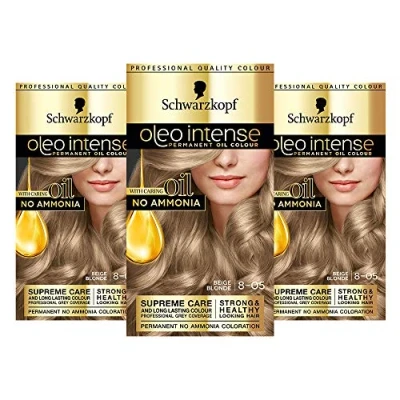Image of Schwarzkopf Oleo Intense Blonde Hair Dye, 3 Pack Permanent Oil Colour, No Ammonia, Covers Greys, Beige 8 05