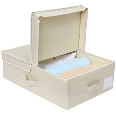Image of Amonsen Folding stackable Storage Boxes with Flip Top Rigid Lid, Closet Wardrobe Shelves Cubes, 52 * 36 16cm, Beige