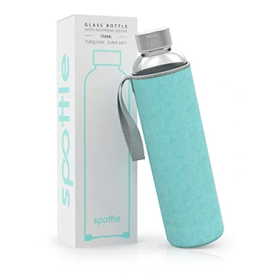Image of spottle glass water bottle 1 litre with neoprene sleeve borosilicate drinking 500ml, 750ml, 1l lid for kids and adults dishwasher safe