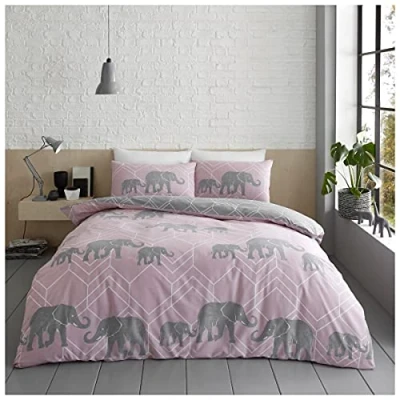Image of GC GAVENO CAVAILIA Elephant Duvet Cover, Reversible Bedding Double Bed Set, Animal Quilt Blush Pink