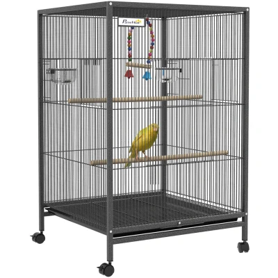 Image of PawHut Bird Cage, Budgie Parrot with Rolling Stand, Stainless Steel Bowls, Swings, Removable Tray for Small Parrot, Budgie, Lovebird Grey