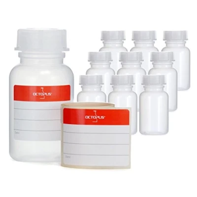 Image of Octopus 10x 100 ml LDPE wide mouth bottles with screw caps, empty chemical bottles, laboratory lids as storage containers for laboratory, kitchen or hobby