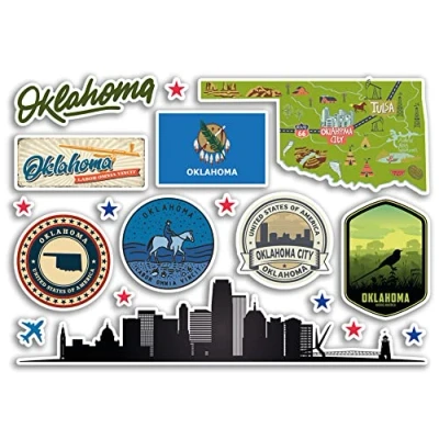 Image of A5 Sticker Sheet Oklahoma Landmarks Vinyl Stickers America States USA American Airport Stamps Skyline Flag Map Travel Holiday Scrapbooking City Luggage #79202