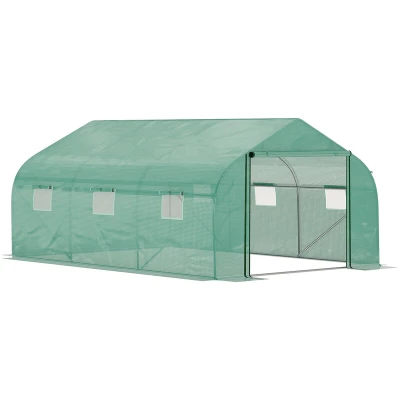 Image of Outsunny Garden Walk in Tunnel Greenhouse with Roll Up Mesh Door PE Cover 6 Windows845 563V01