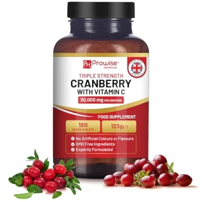 Image of Triple Strength Cranberry 30,000mg Added with Vitamin C 180 Vegan Tablets I UTI Support for Women Easy to Swallow Made in The UK by Prowise Healthcare