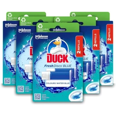Image of Duck Fresh Discs Blue Toilet Cleaner Refill Twin Pack, Long lasting Gel Bowl Cleaner, Fights Stains &amp; Limescale, Azure Lagoon Fragrance, Pack of 5 (Total 10 x Tubes)