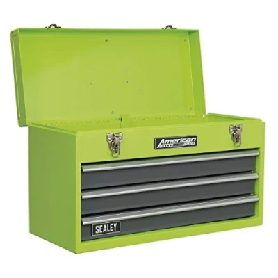 Image of Sealey American Pro Tool Chest 3 Drawer Portable with Ball Bearing Slides Hi Vis Green/Grey