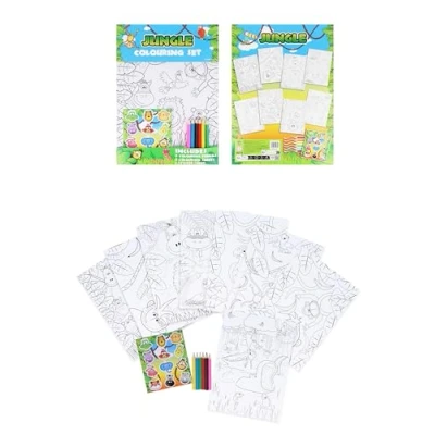 Image of HENBRANDT Single Jungle Animal Colouring Set with 8 Sheets and 6 Mini Pencils A4 Children’s Activity Pack Birthday Loot Bag Party Favours for Boys Girls