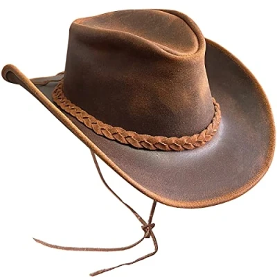 Image of BRANDSLOCK Cowboy Hat Women Men Real Leather Western Style Wide Brim Cowgirl Shapeable Lightweight Handcrafted Durable Bush Brown