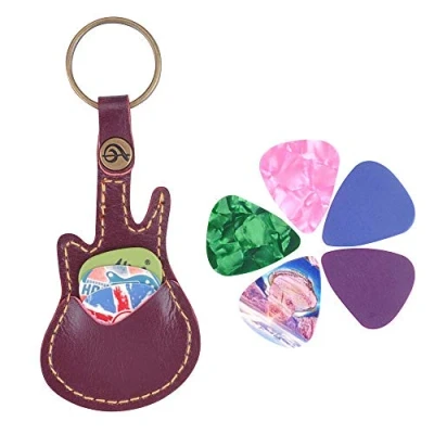 Image of Guitar Picks Case Leather Pick Keychain Holder Plectrums Bag with 5Pcs Gift
