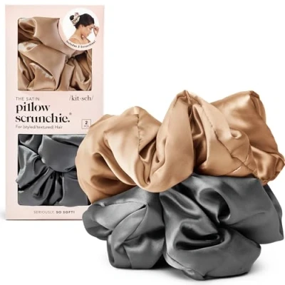 Image of Kitsch Satin Hair Scrunchies for Women Softer Than Silk Girls &amp; Stylish Ties Cute Scrunchie, 2 pc (Charcoal/Gold)