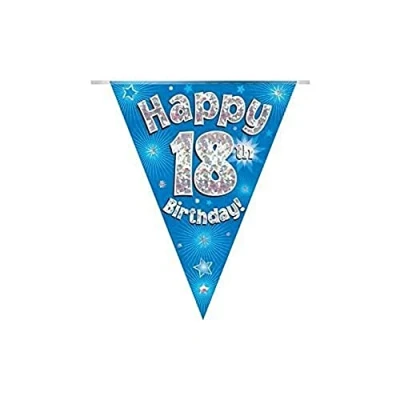 Image of Happy 18th Birthday Blue Holographic Foil Party Bunting 3.9m Long 11 Flags by Oak Tree