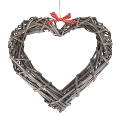 Image of Red Hamper Wicker Wide Heart Wreath with Spotty Ribbon, H28 x W6 D30cm