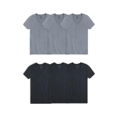 Image of Fruit of the Loom Men&#039;s Eversoft Cotton Stay Tucked V Neck T Shirt Underwear, Regular Black &amp; Gray 6 Pack, S (Pack 6)