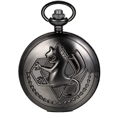 Image of JewelryWe Vintage Fullmetal Alchemist Edward Elric&#039;s Pocket Watch Black with 31.9 Inches Chain
