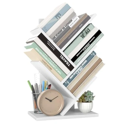 Image of VASAGLE Tree Bookshelf, 5 Tier Floor Standing Bookcase, Space Saving Corner Shelf, with Wooden Shelves for Bedroom, Living Room, Home Office, Cloud White LBC183T14