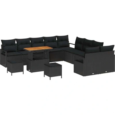 Image of vidaXL 13 Piece Garden Sofa Set with Cushions Black Poly Rattan Acacia
