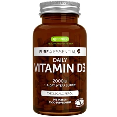 Image of Daily Vitamin D3 2000iu, Clean Label, 365 Small Tablets, 1 Year Supply, Vegetarian Cholecalciferol D Supplement, Pure and Essential by Igennus