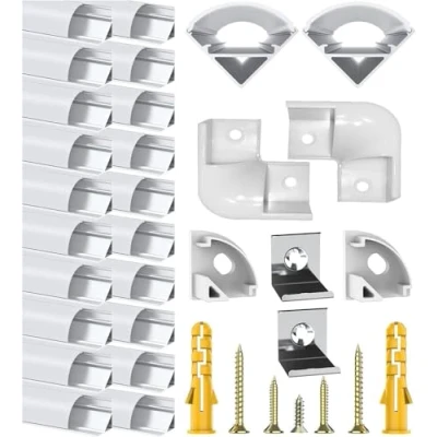 Image of LED Aluminum Channel U Shape, 20 Pack Strip Diffuser 3.3ft/1Meter Profile with Milky White Cover, End Cap and Mounting Clip Extrusion 90 Degrees Connectors for Lights