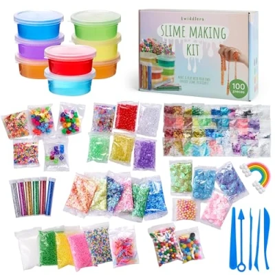 Image of THE TWIDDLERS 100 Piece DIY Slime Making Kit for Children with Glitter Powder, Crystal Beads Kids Toys, Arts and Crafts Gift Set Birthday Party, Game Activity