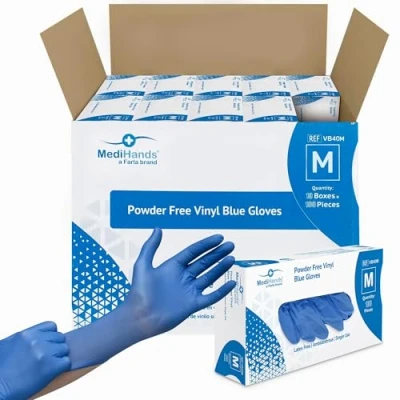 Image of MediHands Vinyl Blue Gloves Disposable Medium Powder Free, Latex &amp; Protein Free Multi Purpose, Single Use Box of 1000