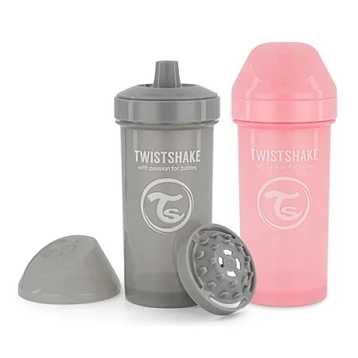 Image of Twistshake 2X Leak Proof Baby Drinking Bottle with Hard Spout and Fruit Mixer 360ml Trainer for Kids &amp; Toddlers Non Spill Water BPA Free Grey Pink