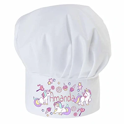 Image of Personalised Chef Hat For children with your name Professional Cooks Hats Baker Home Kitchen School Fully Adjustable Candy Unicorns [099]