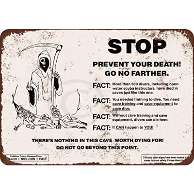 Image of Metal Tin Sign For Cave Diving Warning Reproduction 8 x 12 Inches