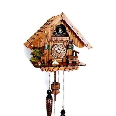 Image of CLOCKVILLA HETTICH UHREN Black Forest Cuckoo Clock House Quartz Movement Shingle Roof Real Wood