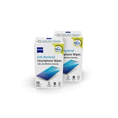 Image of ZEISS Anti Bacterial Smartphone Screen Wipes, for Computers, Cameras and Binoculars, Individually Packed Single Use Disposable Cloths in Sachets, 70 Percent Alcohol, White, One Size (pack of 2)