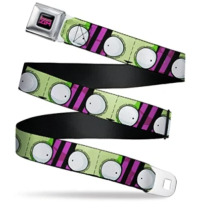 Image of Nickelodeon Belt, Seatbelt Buckle Invader Zim GIR Eyes Close Up Stripe Black Purple, Adjustable, Zim, 1.5&quot; Wide Fits Pant Size 32 52