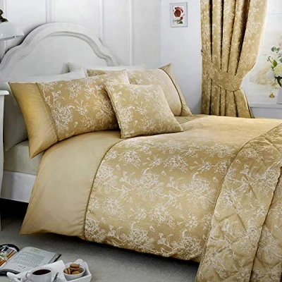 Image of Serene Jasmine Easy Care Duvet Cover Set Super King Size Champagne Gold Bedding