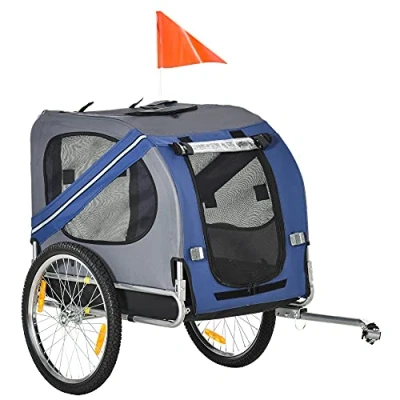 Image of PawHut Folding Dog Bike Trailer Pet Cart Carrier for Bicycle Travel in Steel Frame with Hitch Coupler Blue &amp; Grey
