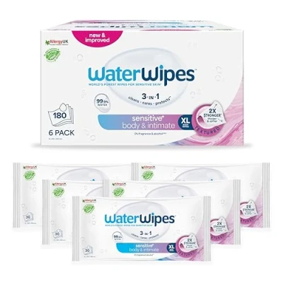 Image of WaterWipes Adult Care Sensitive Wipes, 180 Wipes (6 Packs), Extra Large, Water Based Wet Wipe, Designed for All Over Cleansing
