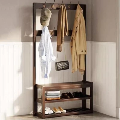 Image of Natliedop Coat Rack with Shoe Bench, Entryway 2 Tier and Hooks Freestanding Stand Storage for 6 8 Pairs, Easy to Assemble，for The Living Room Hall,
