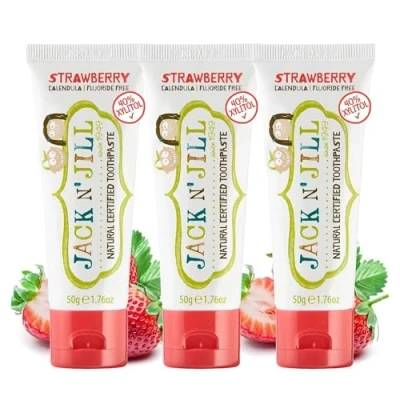 Image of Jack N&#039; Jill Natural Certified Toothpaste Baby &amp; Toddler Toothpaste, Fluoride Free, 40% Xylitol, Sugar Safe for 6 Months and Up, Makes Tooth Brushing Fun, Organic Strawberry Flavour, 3 x 50g
