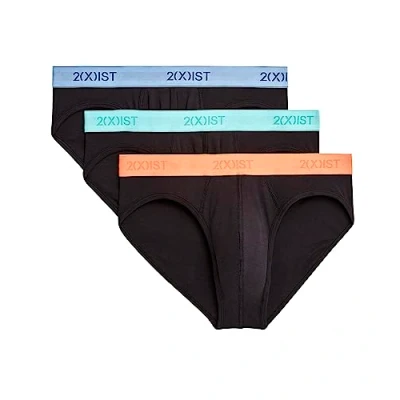 Image of 2(X)IST mens Essential Cotton No Show Brief 3 pack, Black aruba Blue/Blue Bell/Peach Pie Waistband, S