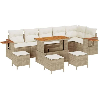Image of vidaXL 10 Piece Garden Sofa Set with Cushions Beige Poly Rattan Acacia
