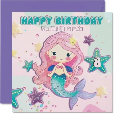 Image of 8th Birthday Card Girl Beautiful Little Mermaid Happy for 8 Year Old Girl, Age Girls Cards Eighth Card, 145mm x Bday Greeting