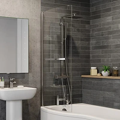 Image of Affine® 1430 x 870mm Chrome Over Bath Shower Screen with Towel Rail Hinged Pivot Panels &amp; Screens for Baths Bathroom Frameless Curved 6mm Glass