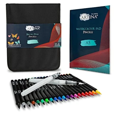 Image of Artina 20 pcs Brush Pen Set Pincelli 4mm Tip with Nylon Dissolvable Watercolour Pens Calligraphy 2x Watertank Brushes, 1x A5 Pad, Bag Lettering